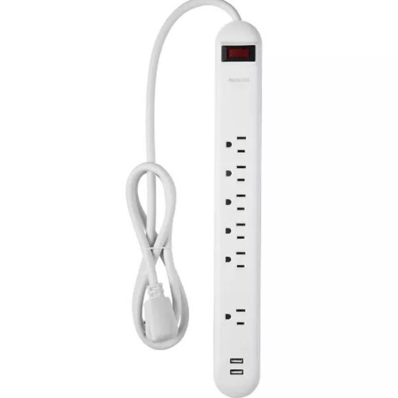 New Globe Electric 4' 6 Outlet Extension Cord White 2 USB Surge Protector - Picture 1 of 10